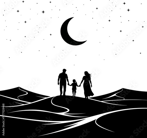 Family silhouette walking on sand dunes under crescent moon and starry night sky