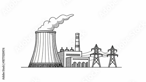 Nuclear Power Plant Illustration with Cooling Tower.