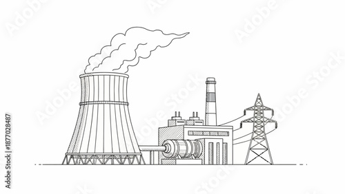 Nuclear Power Plant Illustration with Cooling Tower.