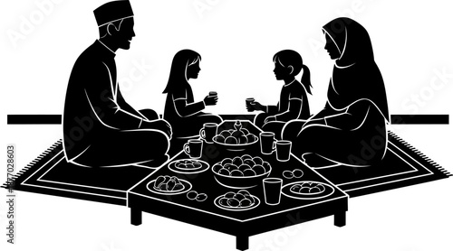 Muslim family enjoying iftar meal together during ramadan on rug background