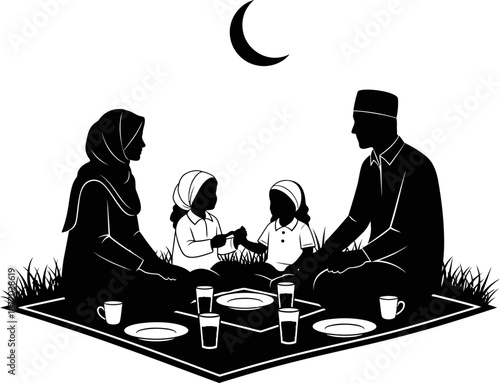 Muslim family iftar dinner during ramadan kareem with crescent moon background silhouette