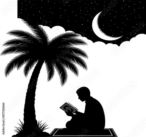 Muslim man reading quran under palm tree at night sky with moon and stars silhouette