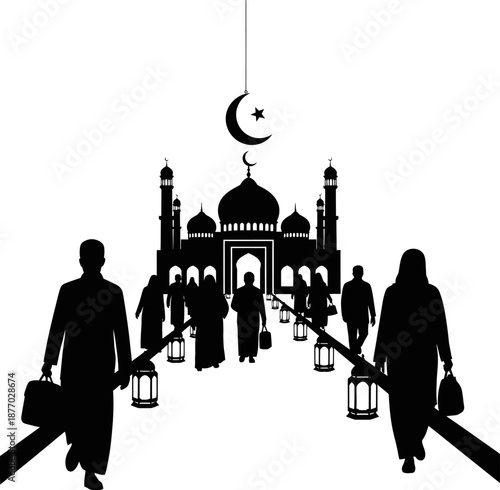 People walk towards mosque during ramadan festival for evening prayer celebration