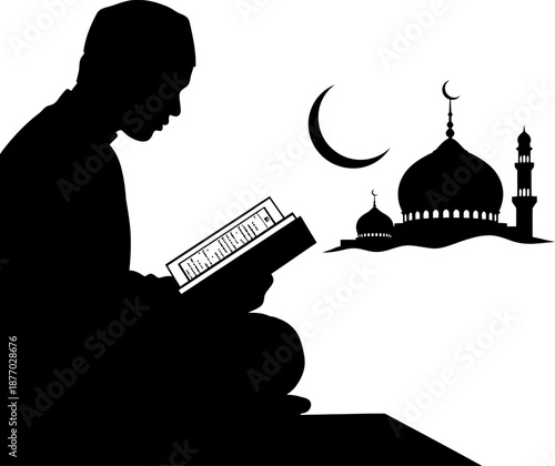 Muslim man sitting on a prayer rug and reading holy book quran silhouette