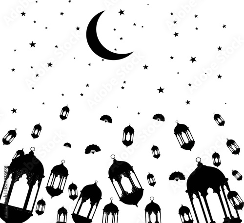 Ramadan kareem concept with falling lanterns moon and stars on dark background