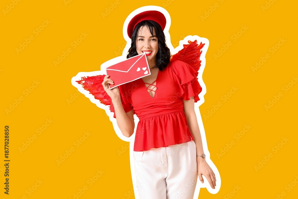 Naklejka premium Beautiful happy woman dressed as cupid with letter on yellow background. Valentine's Day celebration