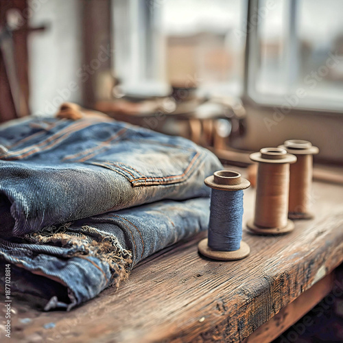 Concept of fabric recycling, slow fashion, and creative textile reuse in a minimalist workshop environment.