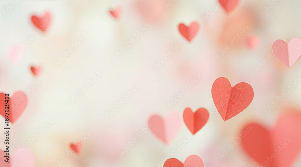 Obraz premium Colorful paper hearts float in the air during a decoration event in a festive space with bright, cheerful colors and a joyful atmosphere