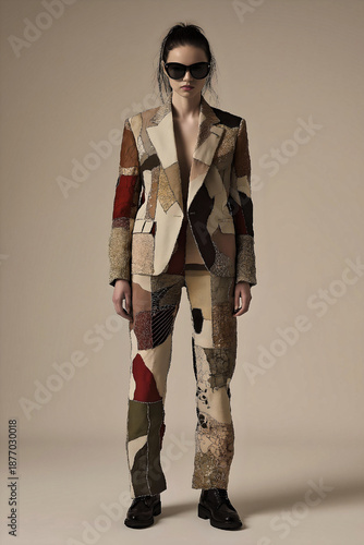 Woman in sunglasses wearing patchwork pantsuit