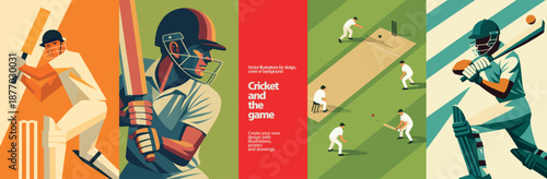 Dynamic Cricket Game & Player Vector Art Set. Modern vector illustrations capturing the essence of cricket. Features players (batsman, fielders), pitch, bat, ball in vibrant, flat