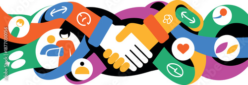 Colorful abstract illustration of diverse people shaking hands, symbolizing unity and collaboration.