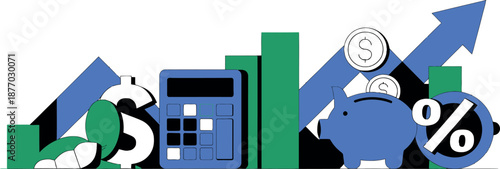 Financial growth represented by rising bars, a piggy bank, and a calculator.