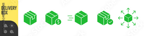 Logistics and delivery box icons showing shipping, pricing, fast shipping, package pricing, and global distribution, speed and distribution. modern package symbols for supply chain UI design