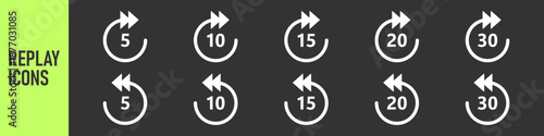 Repeat 5, 10, 15, 20, 30 seconds simple vector icon. Replay icons. Replay icon for application and web or Media player control. Replay icons set. 5, 10, 15, 20, 30 sec playback backwards
