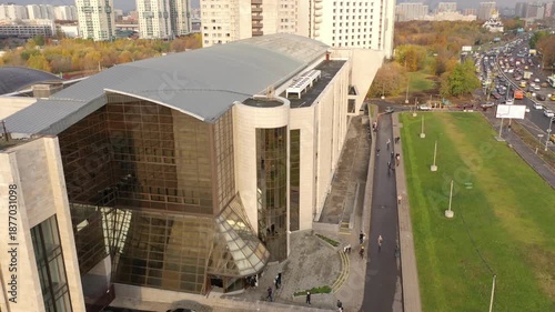 Drone rotating beside MGIMO campus entrance
