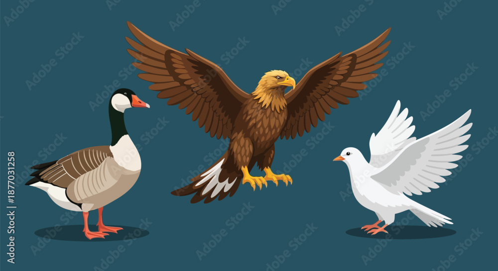 Fototapeta premium An illustration of a goose, an eagle, and a dove standing together on a blue background.