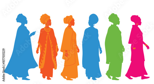A group of colorful silhouettes of women walking together in unity and diversity.