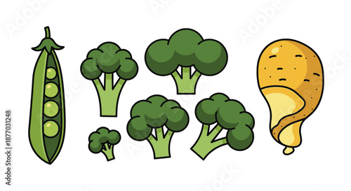 A colorful cartoon illustration of various vegetables including broccoli, peas, and a sweet potato.