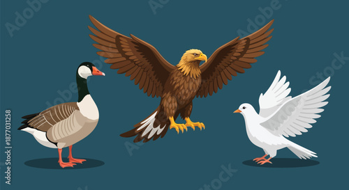 An illustration of a goose, an eagle, and a dove standing together on a blue background.