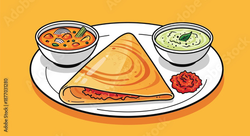A delicious Indian dosa with sambar and chutney on a plate