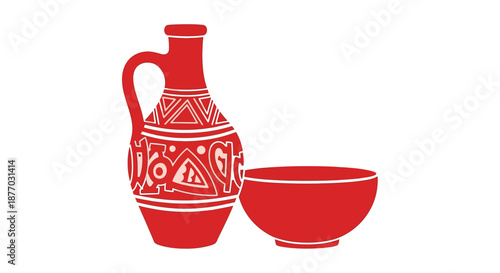 A red clay jug and bowl with white geometric patterns on a plain background