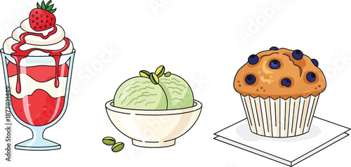 A colorful illustration of a strawberry sundae, a bowl of green ice cream, and a blueberry muffin on a white background.