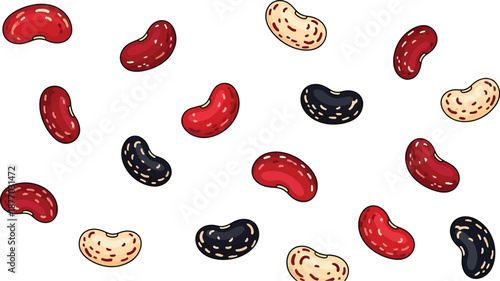 A colorful illustration of various beans scattered on a white background