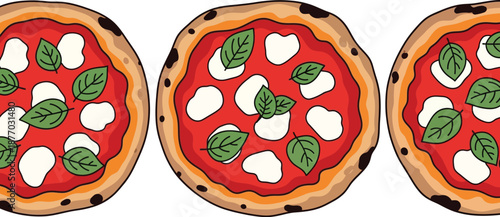 A delicious illustration of three mini pizzas with fresh basil leaves and mozzarella cheese on a white background