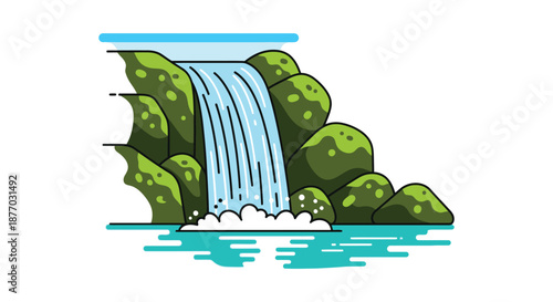 A cartoon illustration of a serene waterfall cascading down a rocky cliff into a calm pool of water.