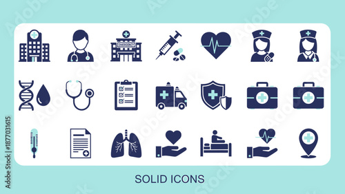 Medical and Healthcare Solid Icons Set, Vector Illustration, Digital Graphic, Clean Design, Multiple Symbols, User Interface Elements