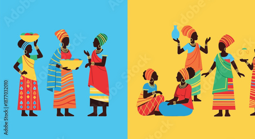 A vibrant illustration of African women in traditional clothing and colorful head wraps, showcasing cultural heritage and community spirit.