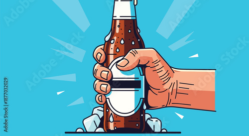 A hand holding a cold beer bottle with ice cubes on a blue background