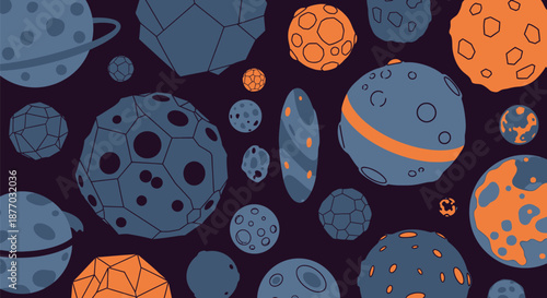 A vibrant illustration of various planets and moons in a dark universe with orange and blue hues.