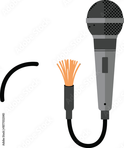 A gray microphone with a black cord and exposed wires on a white background