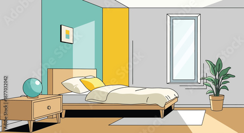 A modern bedroom with a bed, nightstand, and potted plant in a minimalist interior design