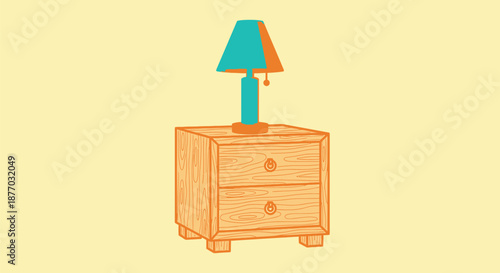 A simple wooden nightstand with a colorful lamp on top against a pale yellow background