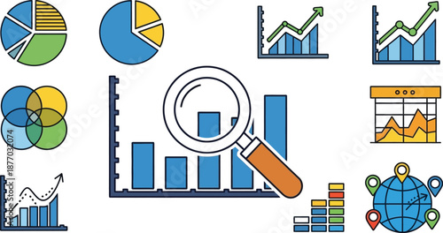 A collection of colorful infographic elements including charts, graphs, and a magnifying glass on a white background.