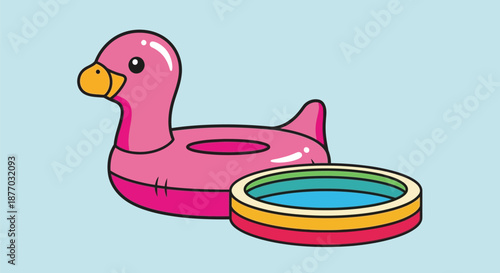 A pink inflatable duck floatie and a small pool on a light blue background