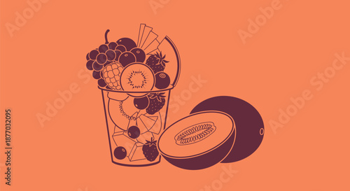 A vibrant illustration of a cup filled with various fruits and a container of supplements on a peach background