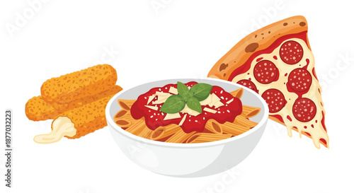 A delicious Italian meal consisting of pasta, pizza, and breadsticks on a white background