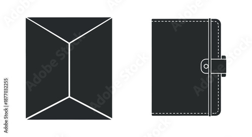 A black envelope and a black notebook with a clasp on a white background