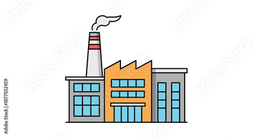 Industrial Factory Building with Chimney and Smoke.