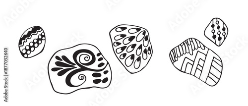 Geometric hand-drawn ethnic symbols, art icon. Aboriginal tribal rounded ornament. Afican, australian motiph. Dots painting. Vector illustration, template design for cloth, card, fabric.