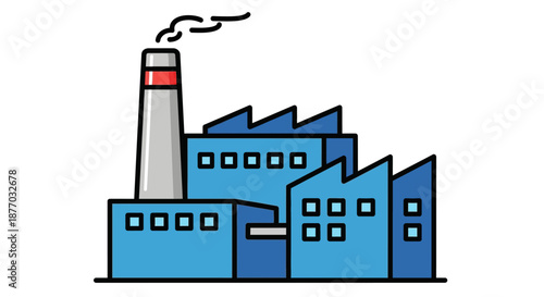 Industrial Factory Building with Chimney and Smoke.