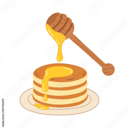 Cute illustration of pancakes with dripping honey and honey dipper. Sweet breakfast food graphic for menu, packaging, sticker and cafe design.