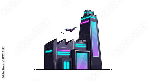 Futuristic Building with Drone Flying Nearby.