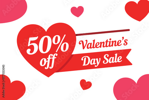 A Valentine's Day sale offers 50% off with heart-shaped graphics and red ribbons on a white background.