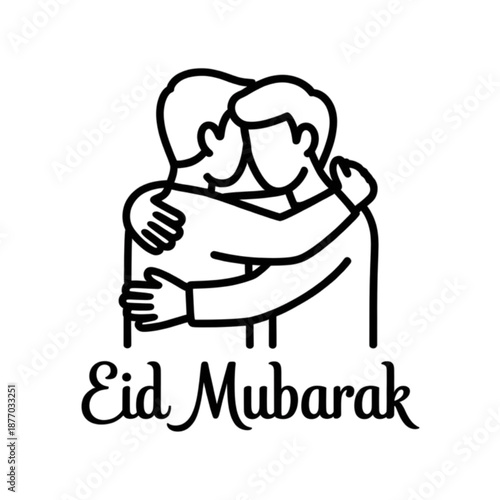 Two people hugging with eid mubarak text below