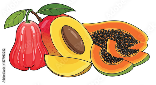 A colorful illustration of various tropical fruits including papaya, avocado, and guava on a white background.