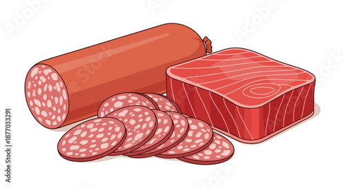 An illustration of various types of cured meats, including sliced salami and ham, on a white background.